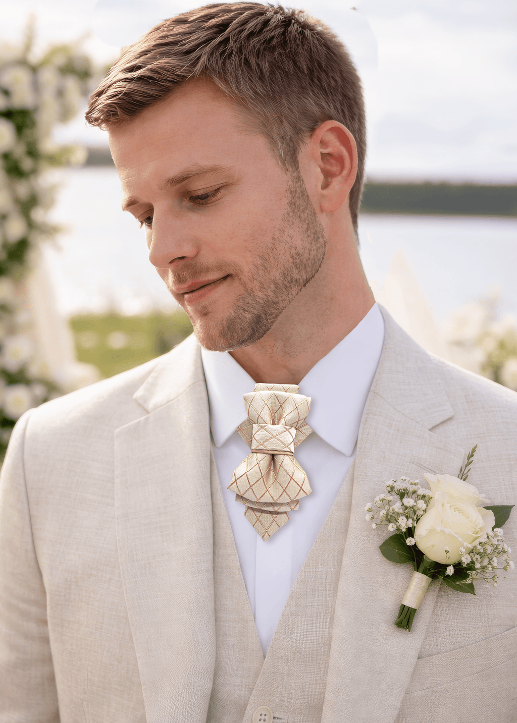 A close-up of a luxurious, handmade wedding tie with an original, intricate design and perfect quality, ideal for special occasions. It features a unique pattern and texture, showcasing superior craftsmanship.