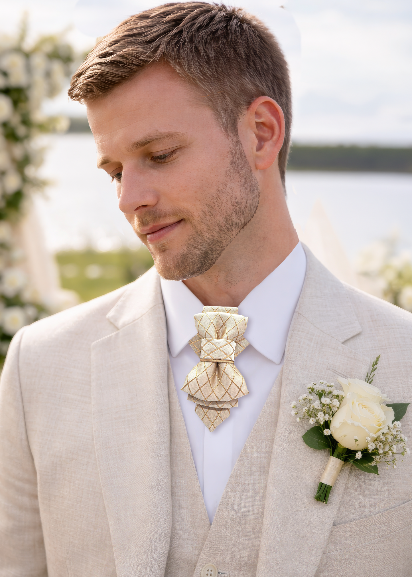 A close-up of a luxurious, handmade wedding tie with an original, intricate design and perfect quality, ideal for special occasions. It features a unique pattern and texture, showcasing superior craftsmanship.