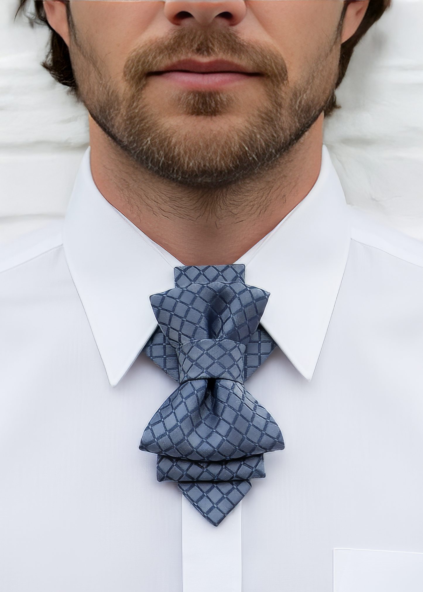 Man wearing a white shirt with a blue patterned ascot tieMan wearing a white shirt with a patterned blue bow tie against a neutral background 