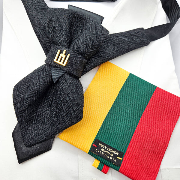Black textured bow tie and colorful striped tie on a white background Handmade luxury dark navy blue wool bow tie with leather neck strap and unique gold-tone monogrammed clip. Pre-tied cravat for groom, weddings, formal events, and special occasions. Perfect sophisticated men's accessory.