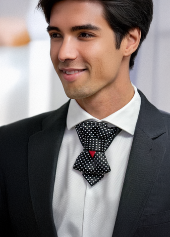 Man wearing a black suit with a white shirt and a black polka dot tie with a red heart HOPPER TIE – “White Dot” | Handmade Luxury Bow Tie
A timeless color combination with a modern twist – the Hopper Tie "White Dot" is a black unisex neckwear accessory featuring elegant white polka dots. Handmade in Lithuania, this refined piece merges the structure of a traditional necktie with the flair of a bow tie, making it a unique addition to any wardrobe Whether worn with a buttoned or open collar, this pre-tied a