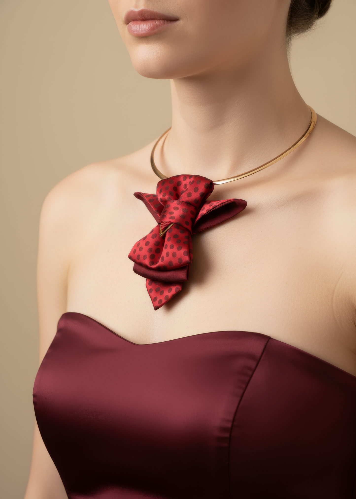 Woman wearing a red bow-shaped necklace and burgundy dress against a beige background Red Hopper tie for women, red bow tie necktie handmade, Hopper tie Red Bird ladies accessory, luxury red women’s bow tie, artistic women’s neck accessory red, handmade red bow tie for women, red polka dot bow tie necktie, romantic women’s necktie accessory, statement red bow tie for ladies, elegant red neck accessory for women, women’s bow tie with gold accents, red artistic necktie handmade, luxury women’s fashion accesso