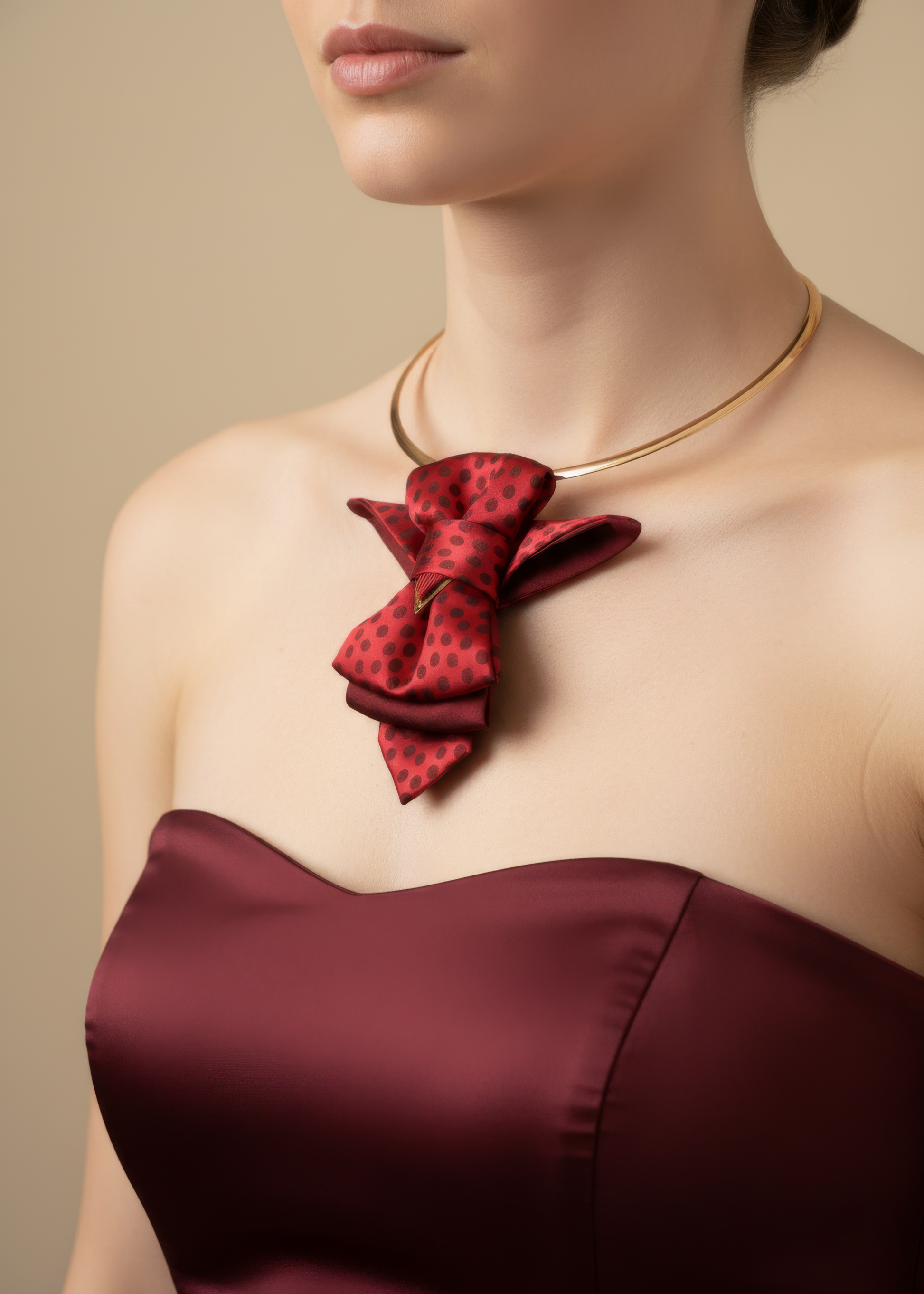 Woman wearing a red bow-shaped necklace and burgundy dress against a beige background Red Hopper tie for women, red bow tie necktie handmade, Hopper tie Red Bird ladies accessory, luxury red women’s bow tie, artistic women’s neck accessory red, handmade red bow tie for women, red polka dot bow tie necktie, romantic women’s necktie accessory, statement red bow tie for ladies, elegant red neck accessory for women, women’s bow tie with gold accents, red artistic necktie handmade, luxury women’s fashion accesso