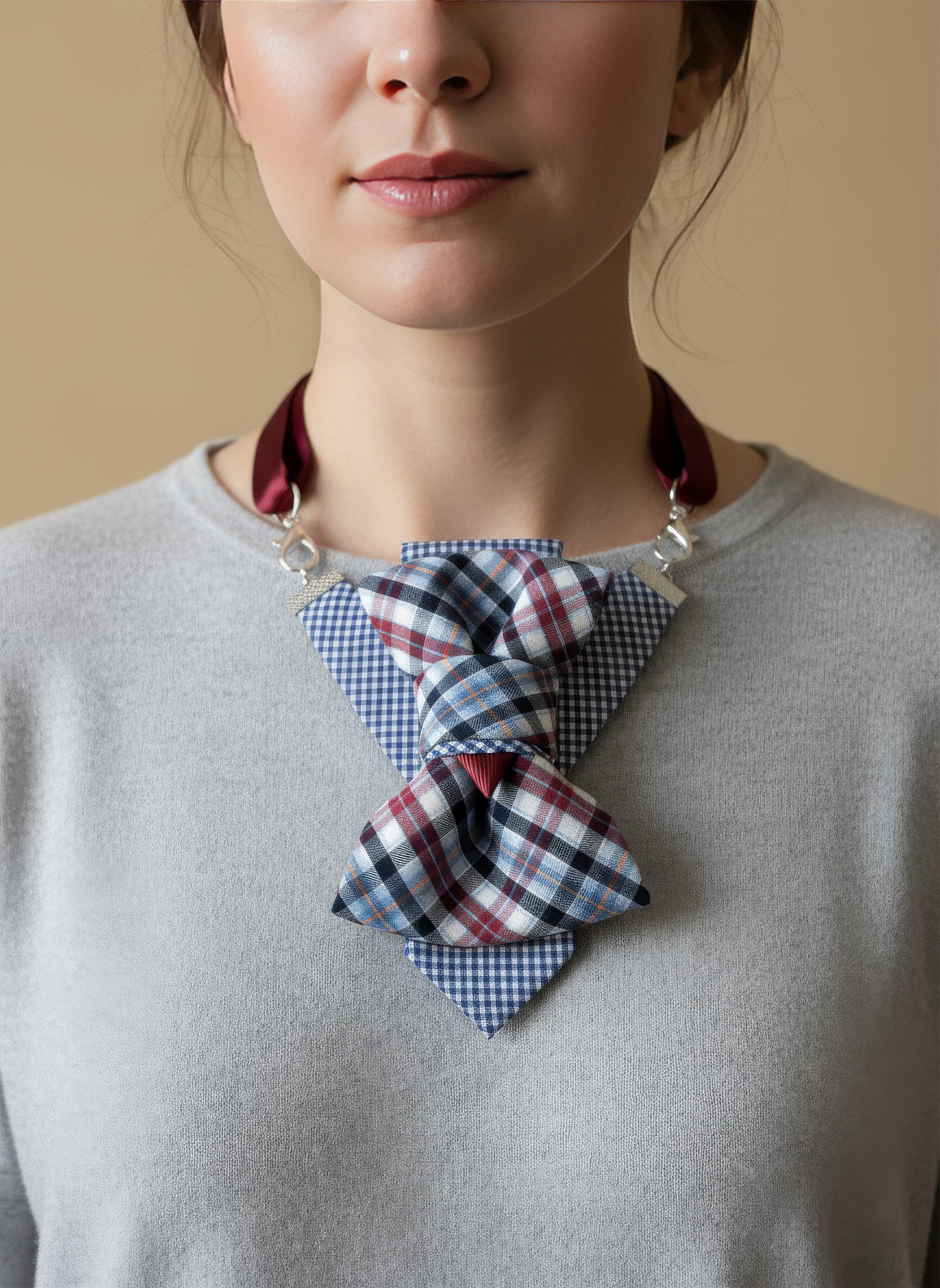 Woman wearing a plaid bow tie with a neutral background Unseen blue necktie for women, Original design ladies tie, Luxury blue neck accessory for women, Formal women's tie, Elegant female necktie, Stylish handcrafted blue tie, Unique women's fashion accessory, Statement neckwear for women, Modern blue tie for ladies, Sophisticated women's bow tie alternative