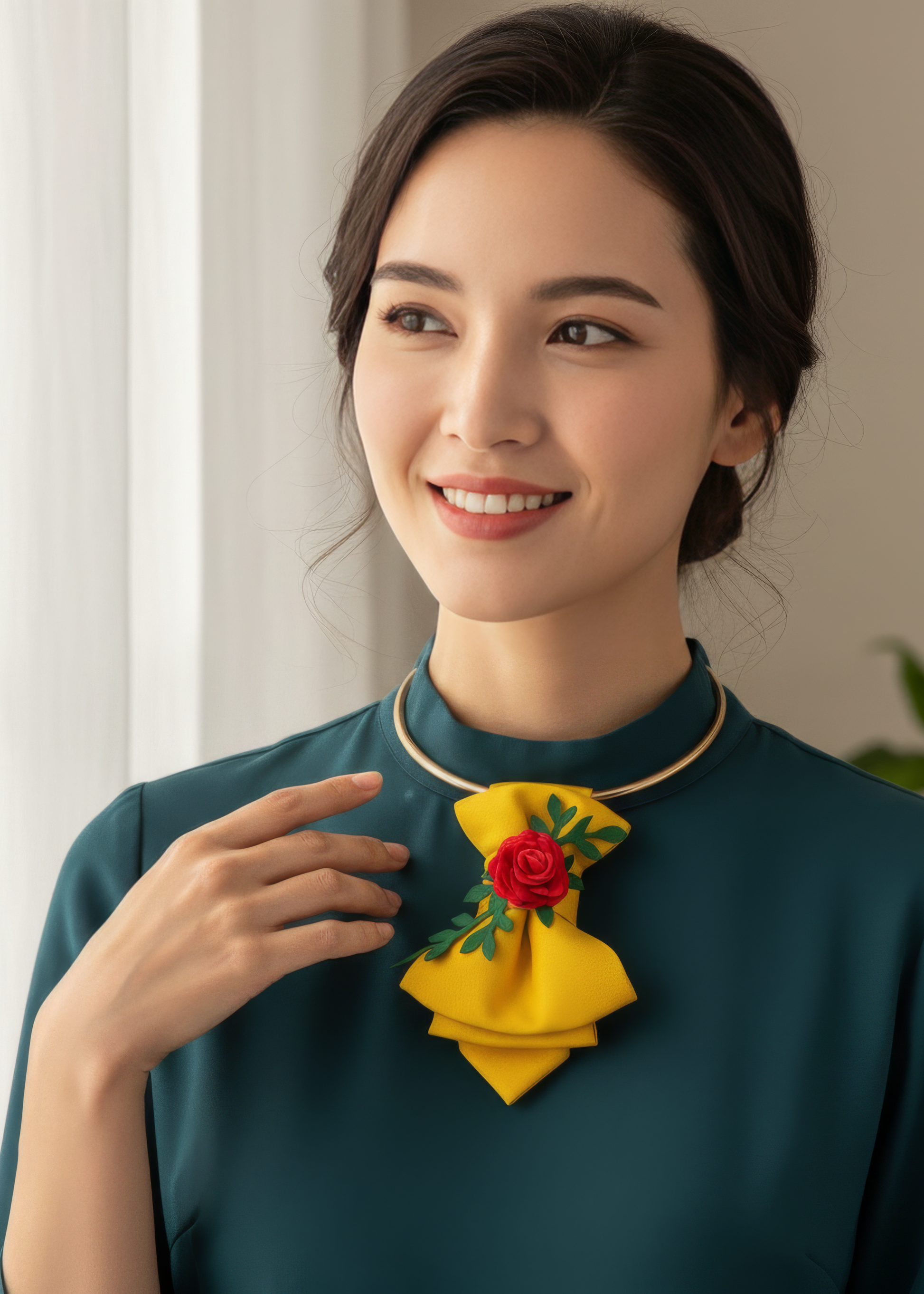 Woman wearing a green dress with a yellow floral accessory, standing indoors BOW TIE "BLOOM", HOPPER TIE BLOOM, bow tie for women, unisex bow tie, yellow bow tie, wedding bow tie, unique necktie, original handmade tie,  yellow necktie, handmade fashion accessory, women’s luxury tie, high-quality neck accessory, elegant neckwear, unique style tie, luxury fashion element, special occasion accessory, daily wear necktie, artisanal neck accessory