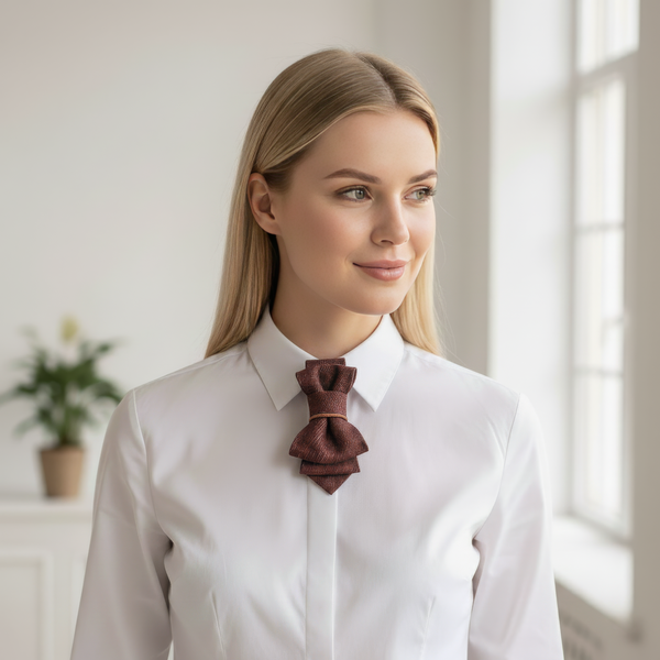 Woman wearing a white shirt with a brown bow tie in a bright room.