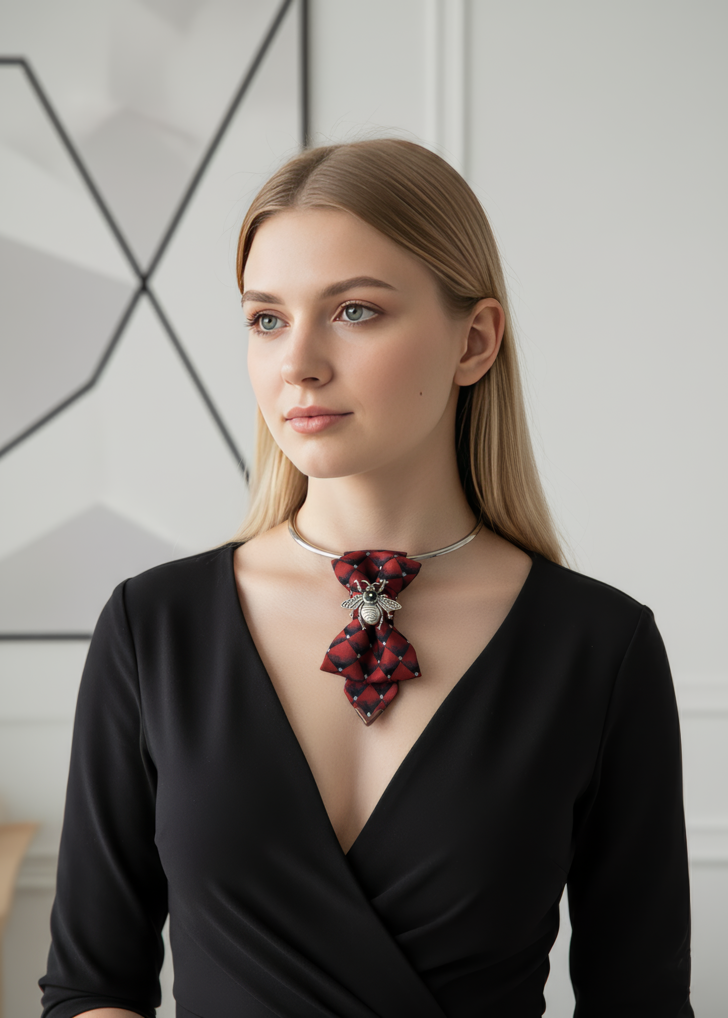 Woman wearing a black dress with a red and black patterned scarf around her neck against a neutral background Woman in a black suit with a red necklace standing in a modern office uxury necktie, unisex bow tie, red statement tie, bee brooch accessory, handmade fashion tie, modern neckwear, artistic bow tie, designer hopper tie, unique suit accessory, bold red tie, gothic elegant necktie, men women formal tie, statement jewelry neckwear, wedding bow tie, opera concert accessory, victorian style tie, black su