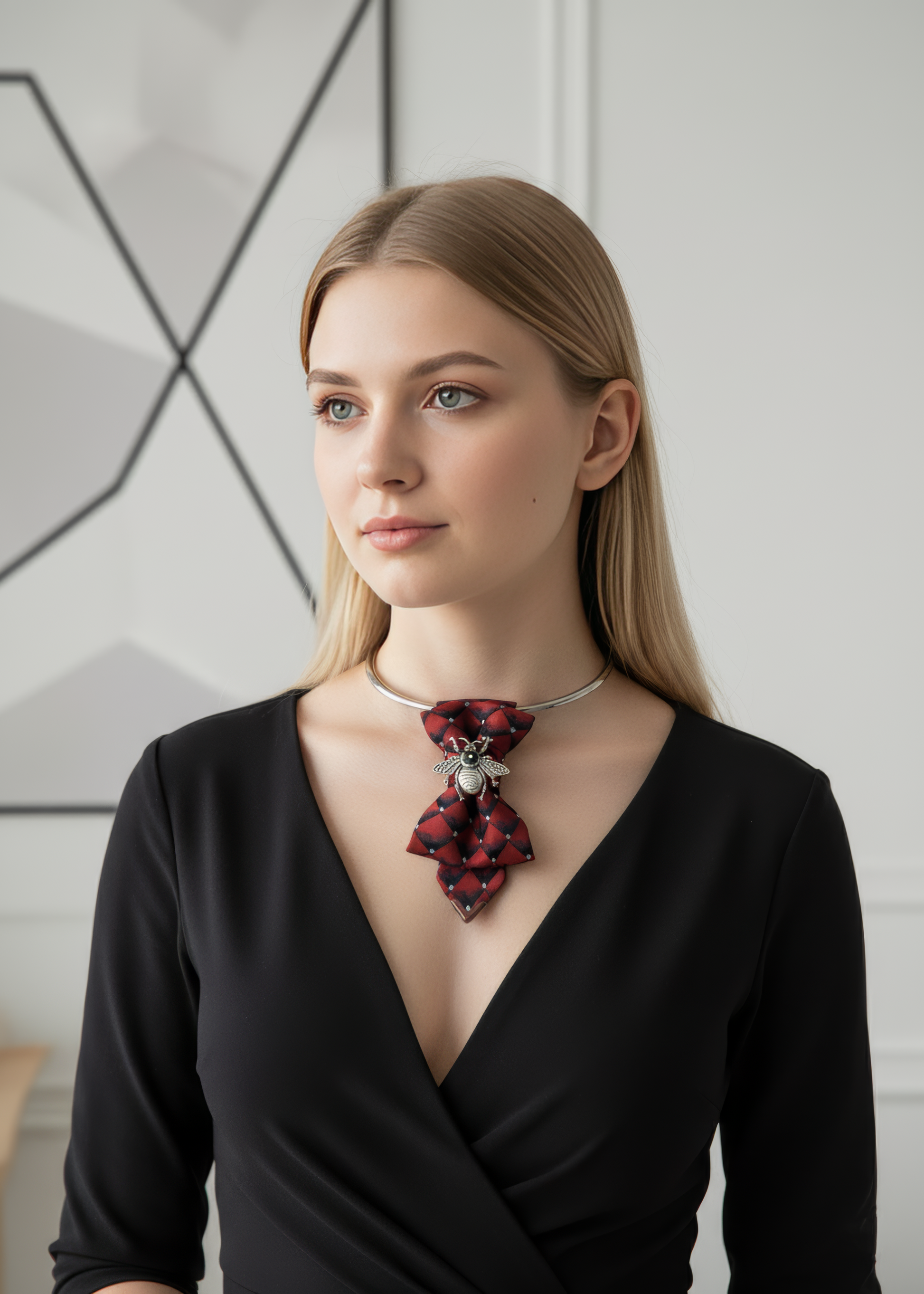 Woman wearing a black dress with a red and black patterned scarf around her neck against a neutral background Woman in a black suit with a red necklace standing in a modern office uxury necktie, unisex bow tie, red statement tie, bee brooch accessory, handmade fashion tie, modern neckwear, artistic bow tie, designer hopper tie, unique suit accessory, bold red tie, gothic elegant necktie, men women formal tie, statement jewelry neckwear, wedding bow tie, opera concert accessory, victorian style tie, black su