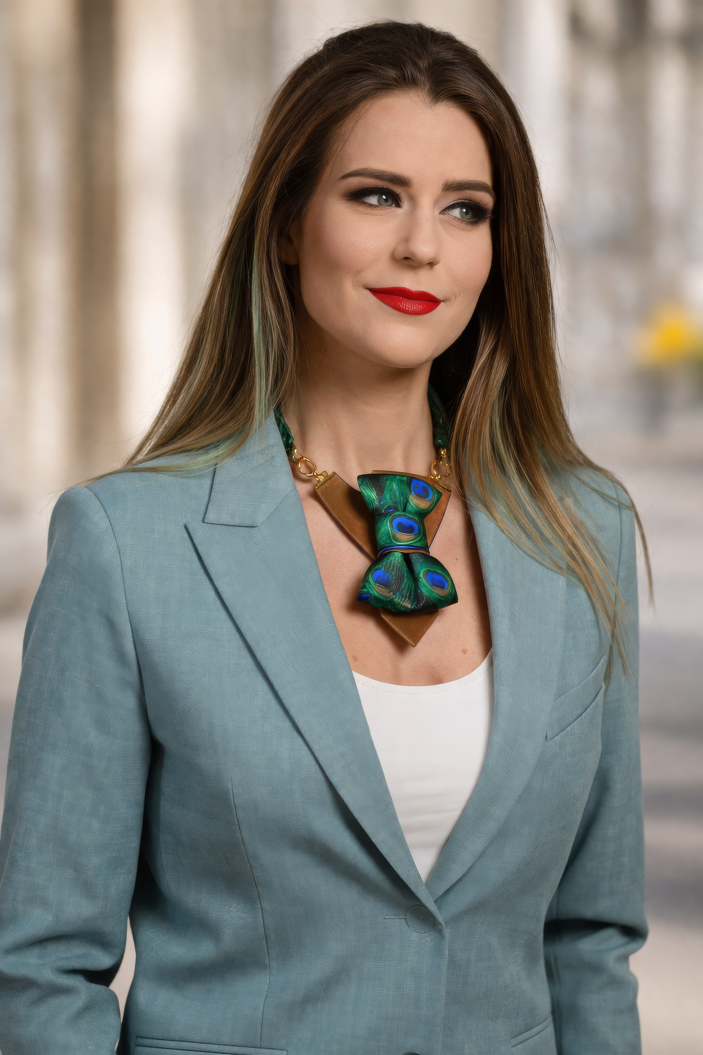 Woman wearing a light blue blazer with a decorative brooch, standing outdoors. peacock feather necklace, statement bow tie necklace, handmade silk accessory, green blue peacock pattern jewelry, artistic neckpiece, elegant women accessory, unique designer necklace, luxury handmade jewelry, modern bow necklace, bold statement piece, peacock motif fashion, gift for her unique jewelry, sustainable handmade accessory, artisan neckwear, teal green fashion accessory