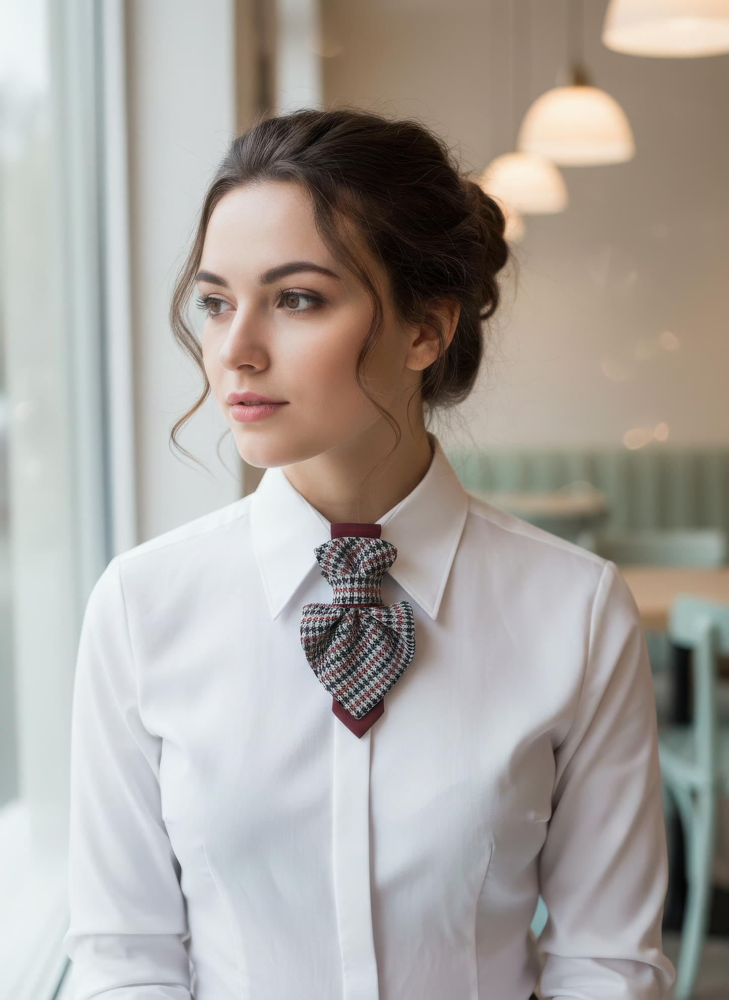 Woman wearing a white shirt with a patterned tie in an indoor setting Woman reading a book on a gray sofa in a modern living room premium handmade knitted houndstooth tie in burgundy, luxury italian silk wool blend necktie with red pied-de-poule pattern, unique red and black patterned tie for wedding or business attire, close-up of high-quality wool knit scarf style tie with abstract design, elegant burgundy and black dogtooth patt