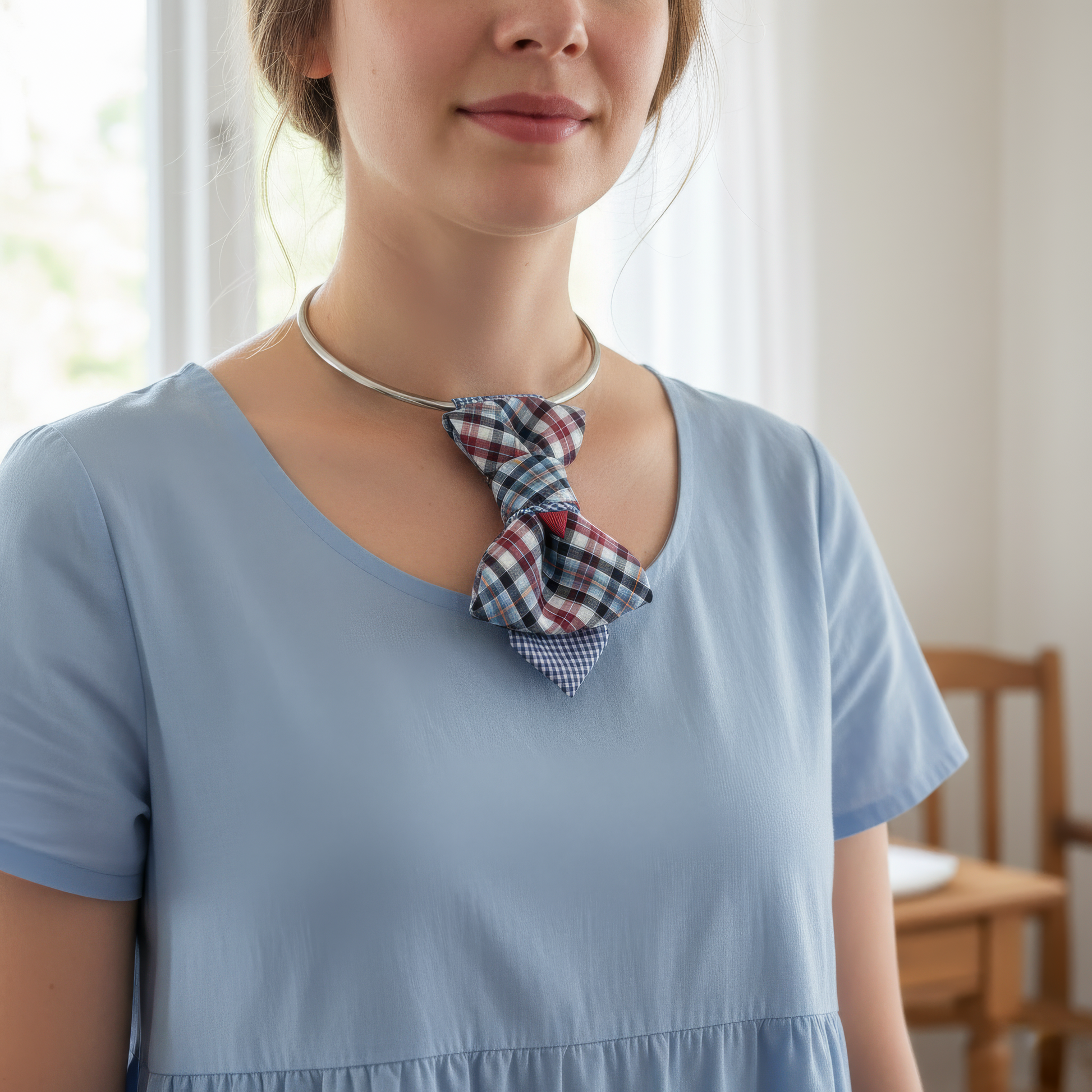 Woman wearing a blue dress with a plaid scarf around her neck indoors. Unseen blue necktie for women, Original design ladies tie, Luxury blue neck accessory for women, Formal women's tie, Elegant female necktie, Stylish handcrafted blue tie, Unique women's fashion accessory, Statement neckwear for women, Modern blue tie for ladies, Sophisticated women's bow tie alternative