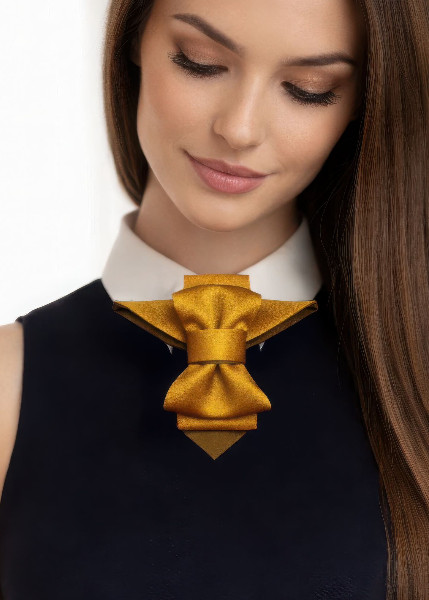 Woman wearing a black sleeveless top with a large yellow bow tie on a white background handmade luxury neck accessory, women statement tie, vertical bow tie for women, gold satin necktie, elegant women tie, unique bow tie alternative, luxury handmade tie, artistic neckwear for women, modern formal accessory, gold statement necklace tie, designer women necktie, wedding guest accessory women, avant garde fashion tie, silk bow tie alternative, bold women fashion accessory, golden necktie women, formal outfit s