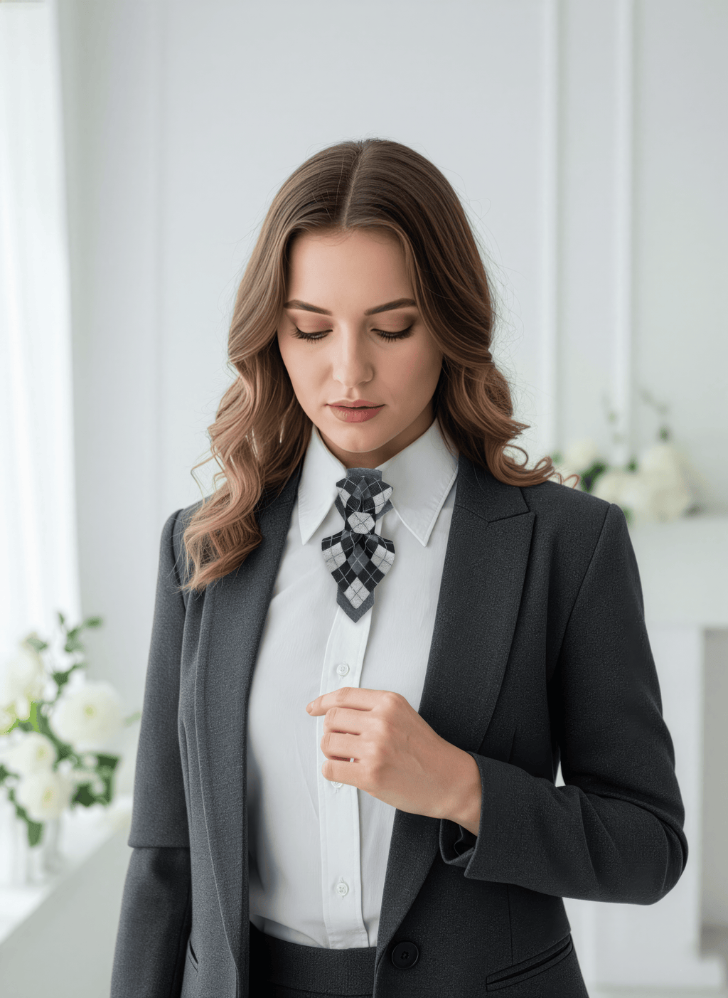Woman in a professional outfit with a black blazer and white shirt, standing indoors Women's necktie Handmade necktie Premium quality tie Original design tie Black and white necktie Monochrome tie Unique women's accessory Artisan neckwear Designer women's tie Stylish neck accessory Fashionable women's accessory Elegant necktie Contemporary design tie Handcrafted women's tie Custom-made neckwear