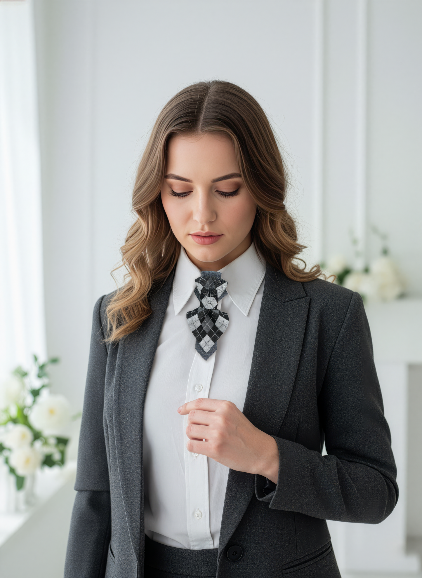 Woman in a professional outfit with a black blazer and white shirt, standing indoors Women's necktie Handmade necktie Premium quality tie Original design tie Black and white necktie Monochrome tie Unique women's accessory Artisan neckwear Designer women's tie Stylish neck accessory Fashionable women's accessory Elegant necktie Contemporary design tie Handcrafted women's tie Custom-made neckwear