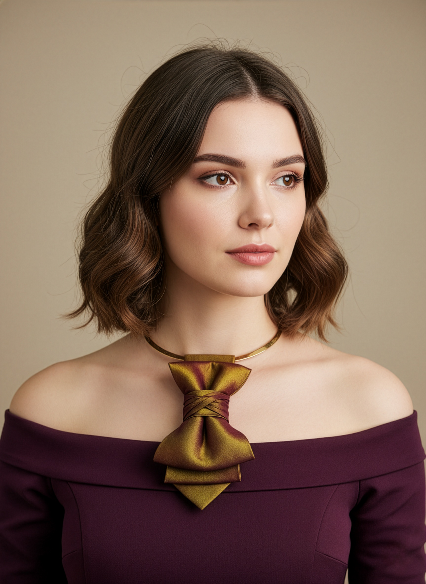 Woman wearing a burgundy off-shoulder top with a large gold bow necklace against a beige background metallic plum gold womens necktie, bronze burgundy metallic bow tie for women, chameleon fabric neck accessory, handmade statement necktie, sculptural womens neckwear, metallic plum bronze neckpiece, luxury handmade womens neck accessory, artistic fabric necktie, modern designer womens bow tie, elegant metallic neckwear, unique womens fashion necktie, gold burgundy neck accessory, contemporary statement neckp