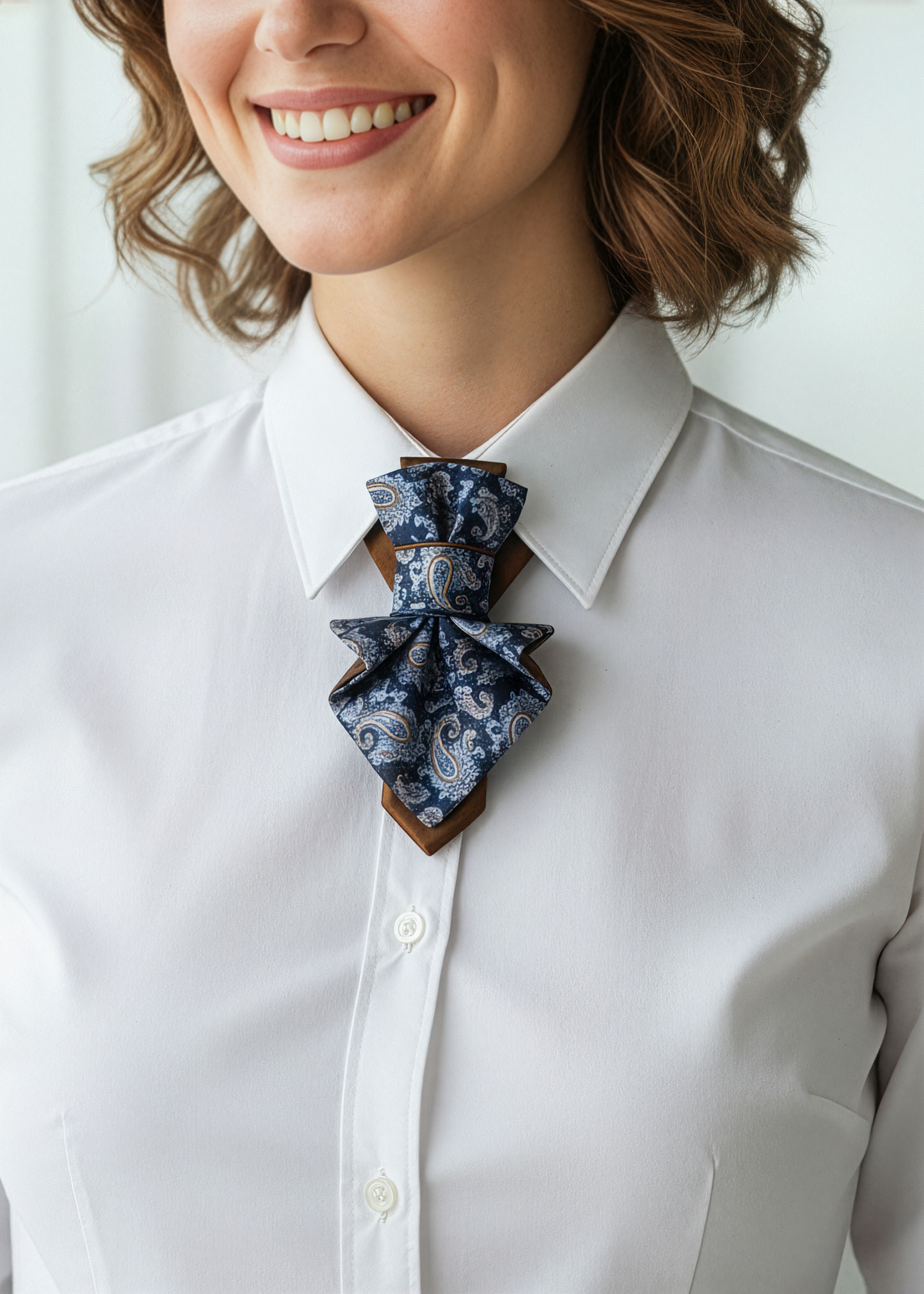 Person wearing a white shirt with a blue patterned bow tie against a light background Luxury blue women's jabot necktie, original design

Elegant blue ruffled necktie for women, unique handmade accessory

Beautiful blue jabot necktie, sophisticated and stylish design

Handcrafted women's necktie with ruffles, luxury fashion piece

Exclusive designer blue jabot, perfect for formal wear

Statement blue necktie for women, artistic and elegant touch

Victorian-inspired blue jabot, luxurious and timeless

Blue j