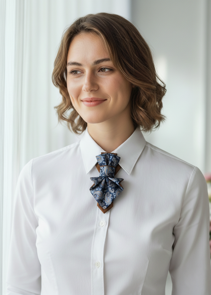 Woman wearing a white shirt with a decorative bow tie against a neutral background Luxury blue women's jabot necktie, original design

Elegant blue ruffled necktie for women, unique handmade accessory

Beautiful blue jabot necktie, sophisticated and stylish design

Handcrafted women's necktie with ruffles, luxury fashion piece

Exclusive designer blue jabot, perfect for formal wear

Statement blue necktie for women, artistic and elegant touch

Victorian-inspired blue jabot, luxurious and timeless

Blue jabo