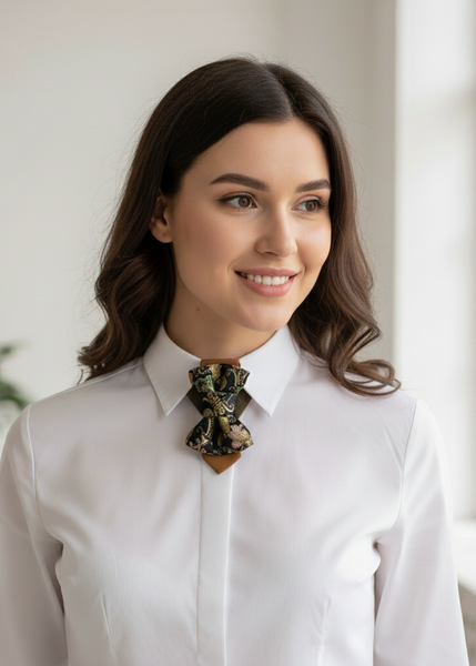 Woman wearing a white shirt with a decorative brooch in a bright room uodas kaklaraištis, moteriškas kaklaraištis, rankų darbo kaklaraištis, prabangus aksesuaras, kaklo aksesuaras, raštuotas kaklaraištis, moteriška mada, stilingas kaklaraištis, išskirtinis kaklaraištis, kaklaraištis su detalėmis, dovanų idėja, aukštos kokybės kaklaraištis, unikalus dizainas, moteriškas stilius, aksesuaras marškiniams, elegantiškas kaklaraištis, rankų darbo, kaklaraištis, moterims, prabanga, mada, stilius, aksesuaras, dovano