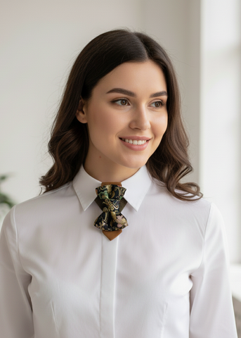 Woman wearing a white shirt with a decorative brooch in a bright room uodas kaklaraištis, moteriškas kaklaraištis, rankų darbo kaklaraištis, prabangus aksesuaras, kaklo aksesuaras, raštuotas kaklaraištis, moteriška mada, stilingas kaklaraištis, išskirtinis kaklaraištis, kaklaraištis su detalėmis, dovanų idėja, aukštos kokybės kaklaraištis, unikalus dizainas, moteriškas stilius, aksesuaras marškiniams, elegantiškas kaklaraištis, rankų darbo, kaklaraištis, moterims, prabanga, mada, stilius, aksesuaras, dovano