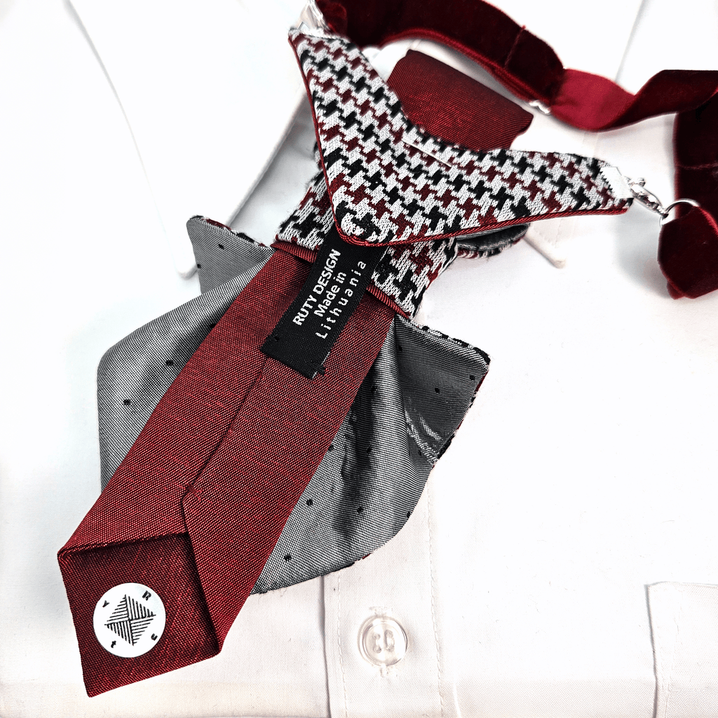 Collection of neckties with a houndstooth patterned tie on a white premium handmade knitted houndstooth tie in burgundy, luxury italian silk wool blend necktie with red pied-de-poule pattern, unique red and black patterned tie for wedding or business attire, close-up of high-quality wool knit scarf style tie with abstract design, elegant burgundy and black dogtooth pattbackground