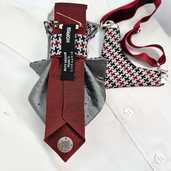 Red tie with patterned strap and label on a white shirt premium handmade knitted houndstooth tie in burgundy, luxury italian silk wool blend necktie with red pied-de-poule pattern, unique red and black patterned tie for wedding or business attire, close-up of high-quality wool knit scarf style tie with abstract design, elegant burgundy and black dogtooth patt