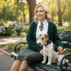 Woman sitting on a bench with a dog in a park