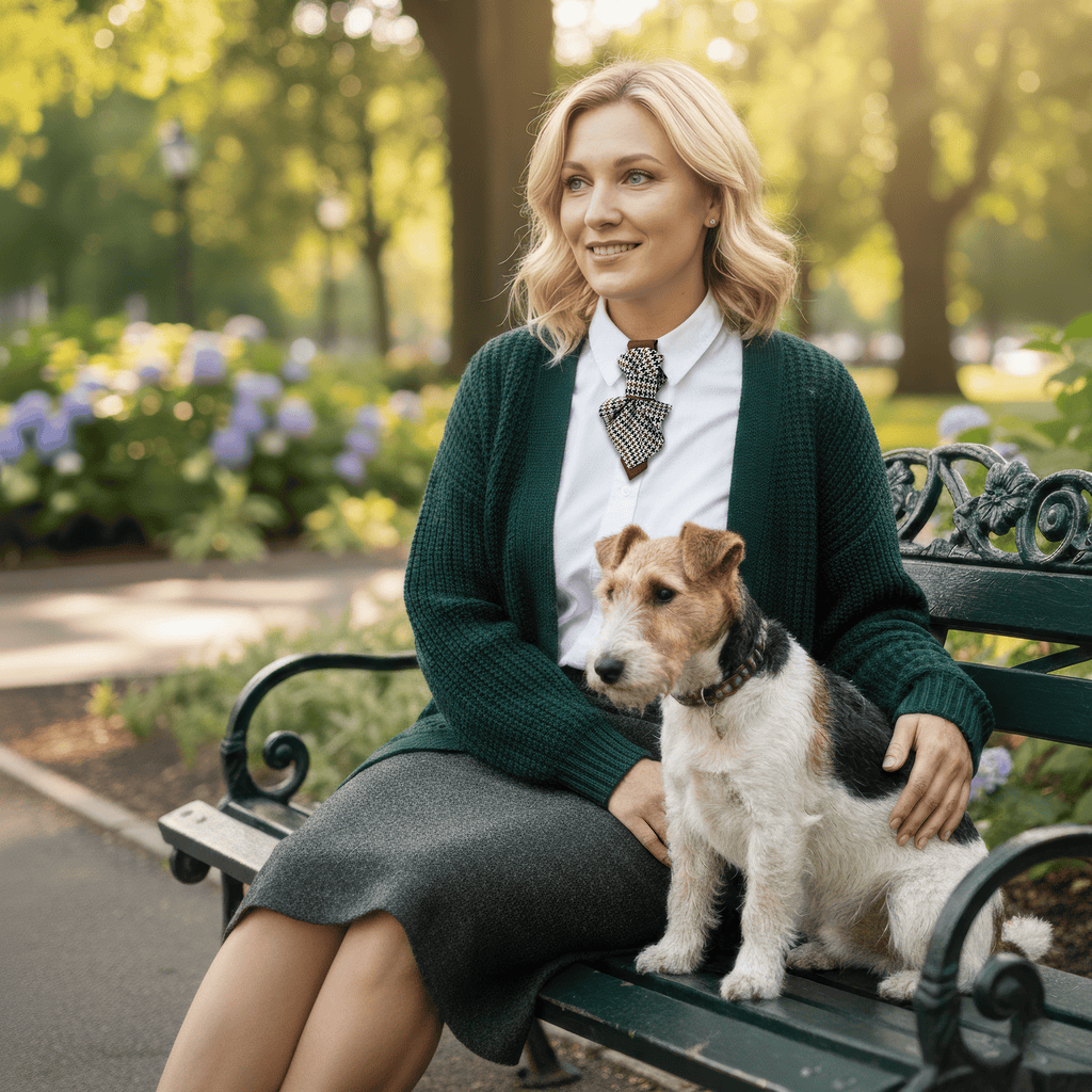 Woman sitting on a bench with a dog in a park