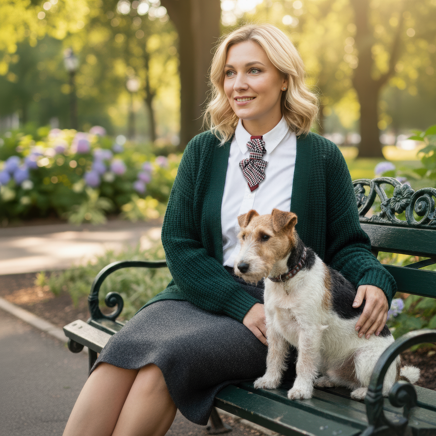 Woman sitting on a bench with a dog in a park