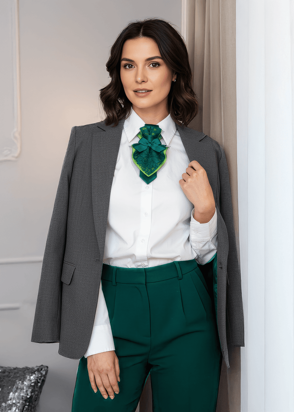 Woman wearing a gray blazer, white shirt, and green pants with a decorative green scarf Bow tie hopper tie, Ruty Design, Bow tie fow women, Accessorie for lady, Vilnius bow tie, Lithuanian bow tie. Yellow tie for women, Red rose unique necktie, BOW TIE "JABOT", bow tie for women, unisex bow tie, yellow bow tie, wedding bow tie, unique necktie, original handmade tie
This Hopper tie "HERBS PRINCESS" accessory is a Special female bow tie model-Jabot.
Hopper tie for women is designed to be worn with men's shirt