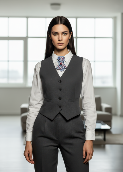 Woman wearing a gray vest over a patterned shirt in an indoor setting, andmade luxury necktie, plaid bow tie, white shirt, gray vest, elegant, modern room
Women's luxury necktie, plaid bow tie, unique accessory, handmade quality, formal wear
Designer bow tie, sophisticated women's fashion, stylish accessory, premium quality, professional
Plaid necktie for women, upscale fashion, distinctive style, high-quality, business attire