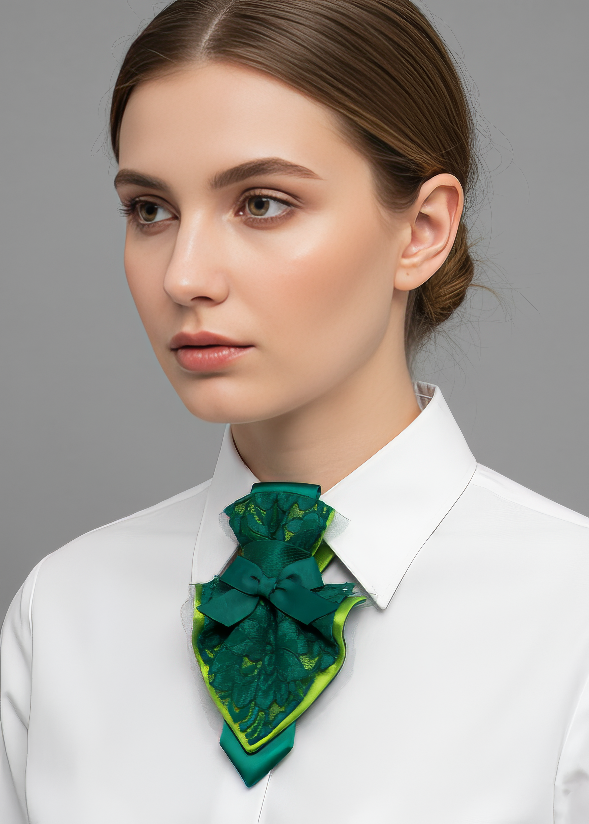 Woman wearing a green scarf around her neck against a gray background Bow tie hopper tie, Ruty Design, Bow tie fow women, Accessorie for lady, Vilnius bow tie, Lithuanian bow tie. Yellow tie for women, Red rose unique necktie, BOW TIE "JABOT", bow tie for women, unisex bow tie, yellow bow tie, wedding bow tie, unique necktie, original handmade tie
This Hopper tie "HERBS PRINCESS" accessory is a Special female bow tie model-Jabot.
Hopper tie for women is designed to be worn with men's shirts and clothes with