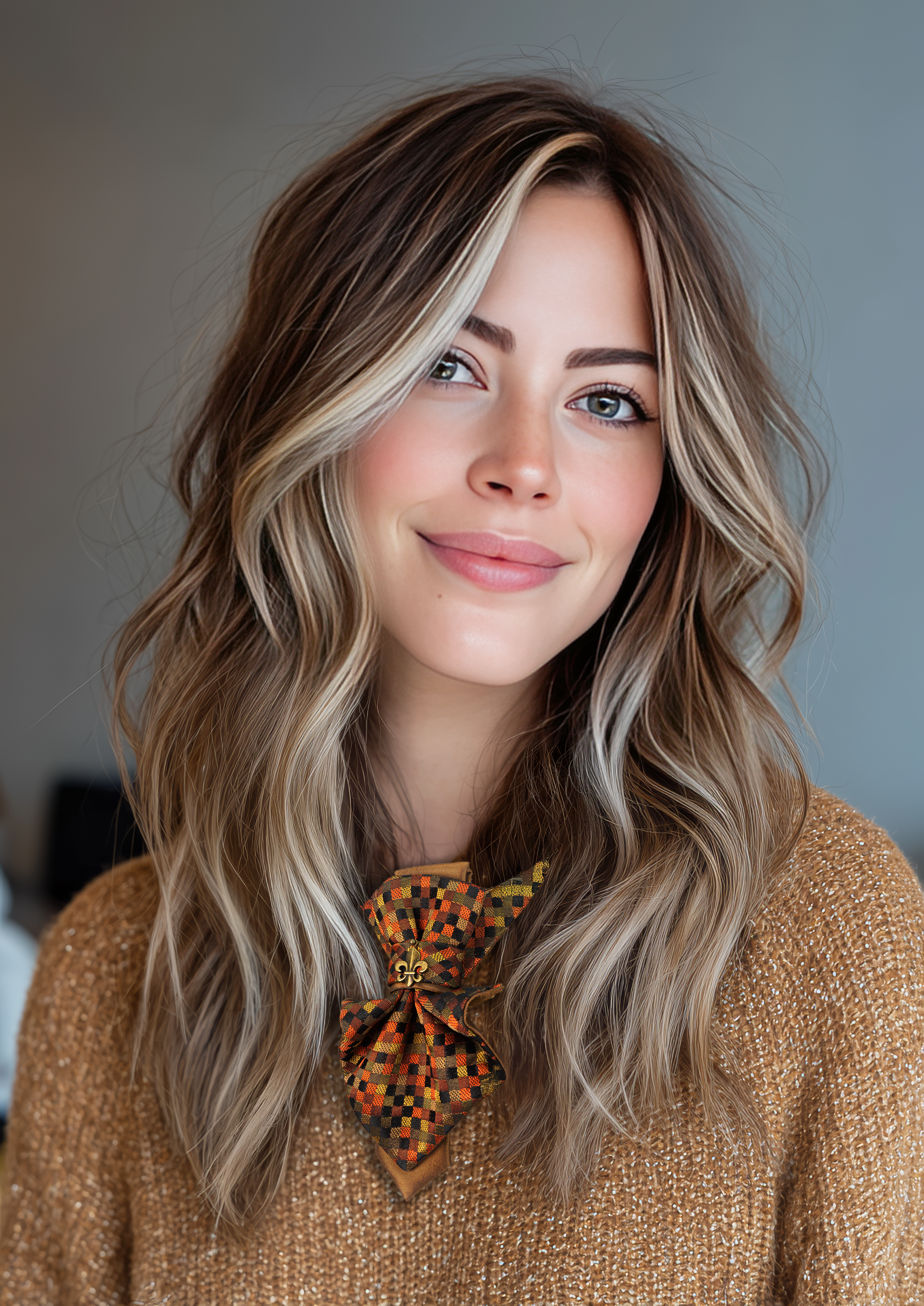 Woman with wavy hair wearing a patterned bow tie against a neutral background  Jabot Bow tie for women, Squared jabot for ladies, Women's luxury necktie, Perfect Gift for Her, Female necktie "The Pebbles"