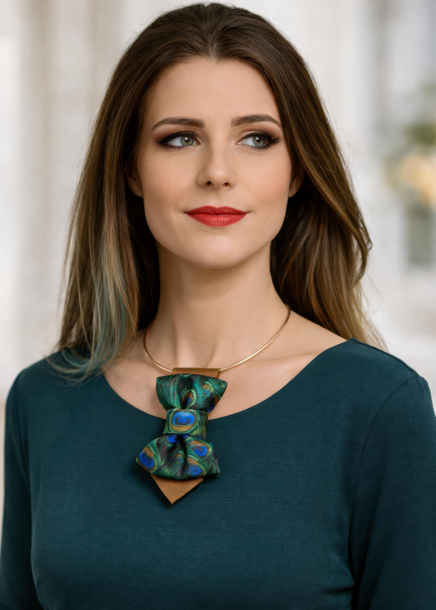 Woman wearing a green blouse with a decorative peacock feather brooch Woman wearing a stylish necklace with peacock feathers and a gray blazer peacock feather necklace, statement bow tie necklace, handmade silk accessory, green blue peacock pattern jewelry, artistic neckpiece, elegant women accessory, unique designer necklace, luxury handmade jewelry, modern bow necklace, bold statement piece, peacock motif fashion, gift for her unique jewelry, sustainable handmade accessory, artisan neckwear, teal green fa