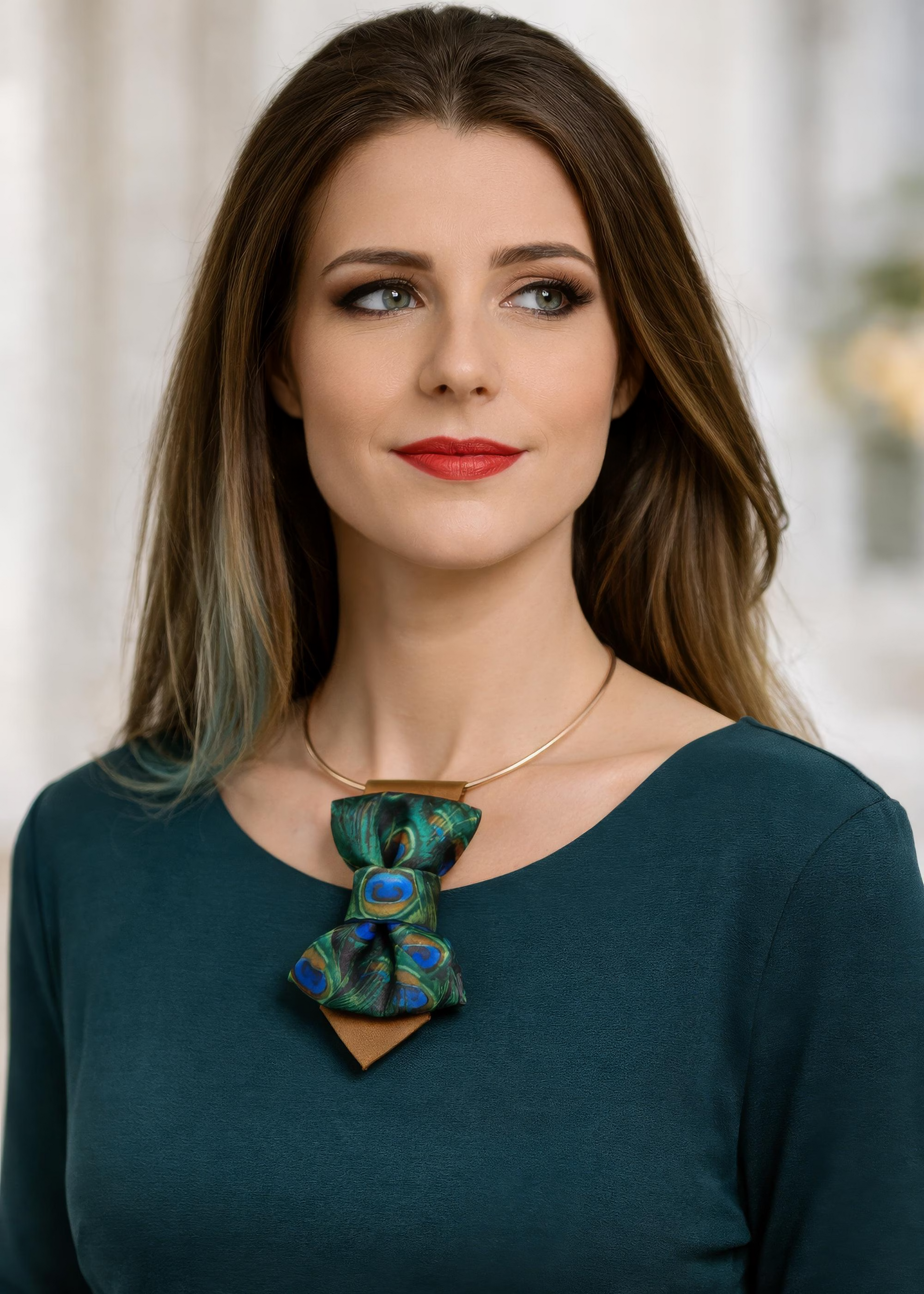 Woman wearing a green blouse with a decorative peacock feather brooch Woman wearing a stylish necklace with peacock feathers and a gray blazer peacock feather necklace, statement bow tie necklace, handmade silk accessory, green blue peacock pattern jewelry, artistic neckpiece, elegant women accessory, unique designer necklace, luxury handmade jewelry, modern bow necklace, bold statement piece, peacock motif fashion, gift for her unique jewelry, sustainable handmade accessory, artisan neckwear, teal green fa