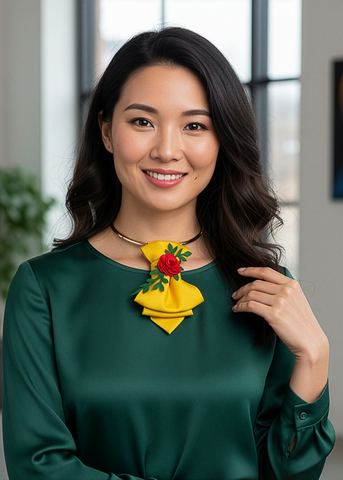 Woman wearing a green blouse with a yellow flower accessory in an indoor setting HOPPER TIE BLOOM, bow tie for women, unisex bow tie, yellow bow tie, wedding bow tie, unique necktie, original handmade tie, pussy bow
yellow necktie, handmade fashion accessory, women’s luxury tie, high-quality neck accessory, elegant neckwear, unique style tie, luxury fashion element, special occasion accessory, daily wear necktie, artisanal neck accessory