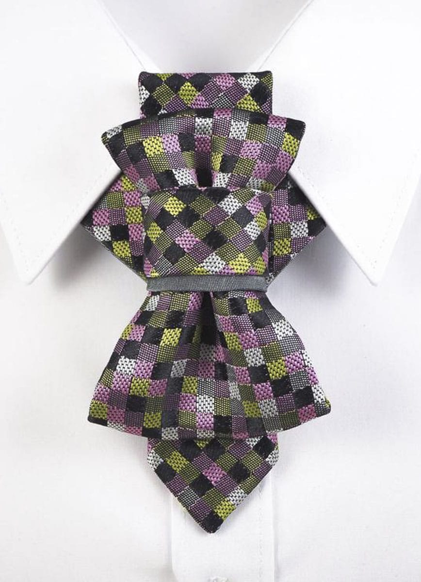 Bow tie, tie for wedding suit, PEBBLES III hopper tie, artistic necktie, designer bow tie, colorful checkered tie, unisex statement tie, handmade wedding tie, geometric satin tie, creative neckwear for men, unique tie for women, formal tie with pattern, bold fashion accessory, modern ascot alternative, handmade tie with pink green black colors