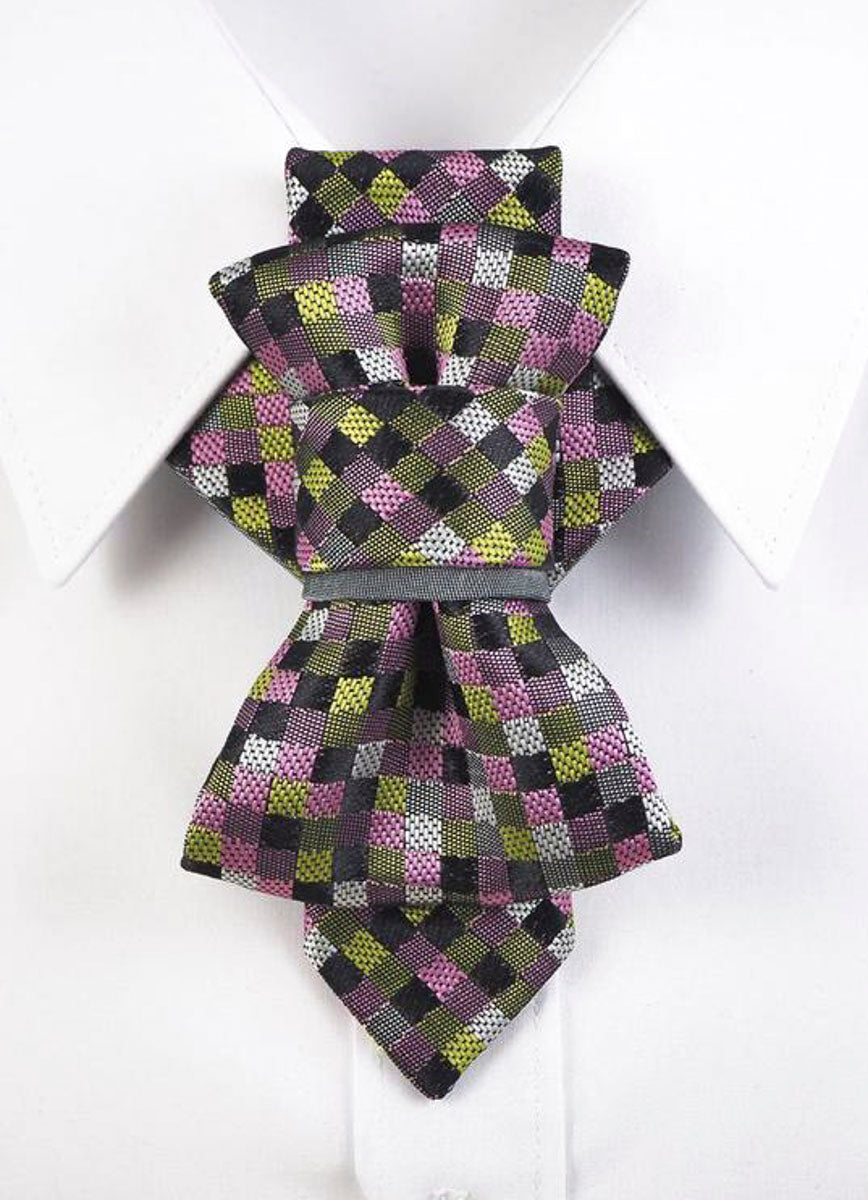 Bow tie, tie for wedding suit, PEBBLES III hopper tie, artistic necktie, designer bow tie, colorful checkered tie, unisex statement tie, handmade wedding tie, geometric satin tie, creative neckwear for men, unique tie for women, formal tie with pattern, bold fashion accessory, modern ascot alternative, handmade tie with pink green black colors