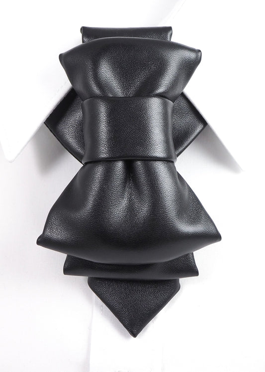 black faux leather bow tie, biker style bow tie, vertical bow tie design, black synthetic leather necktie, edgy men bow tie, unisex bow tie accessory, handmade leather look bow tie, modern statement bow tie, alternative fashion neckwear, biker inspired bow tie, wedding bow tie black, groomsmen bow tie unique, christmas party bow tie, formal leather style bow tie, minimalist black bow tie, stylish men neck accessory, women bow tie fashion, luxury faux leather bow tie