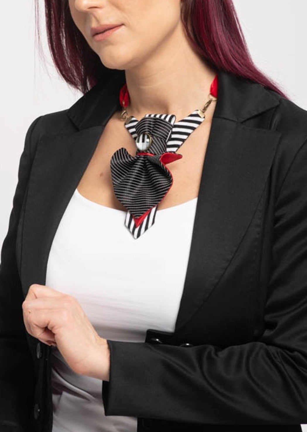 Women's bow tie "Contrasts" - The classic trio of contrasting colors has a French twist. So, it will undoubtedly add that romantic touch to your any outfit Handmade black and white striped neck accessory, sculptural fabric necklace for women, artistic necktie style jewelry, modern textile statement necklace, avant-garde fashion neck ornament, unique handmade neck jewelry, graphic striped fabric necklace, contemporary wearable art accessory, designer fabric neckwear, bold black white neckpiece, abstract scul