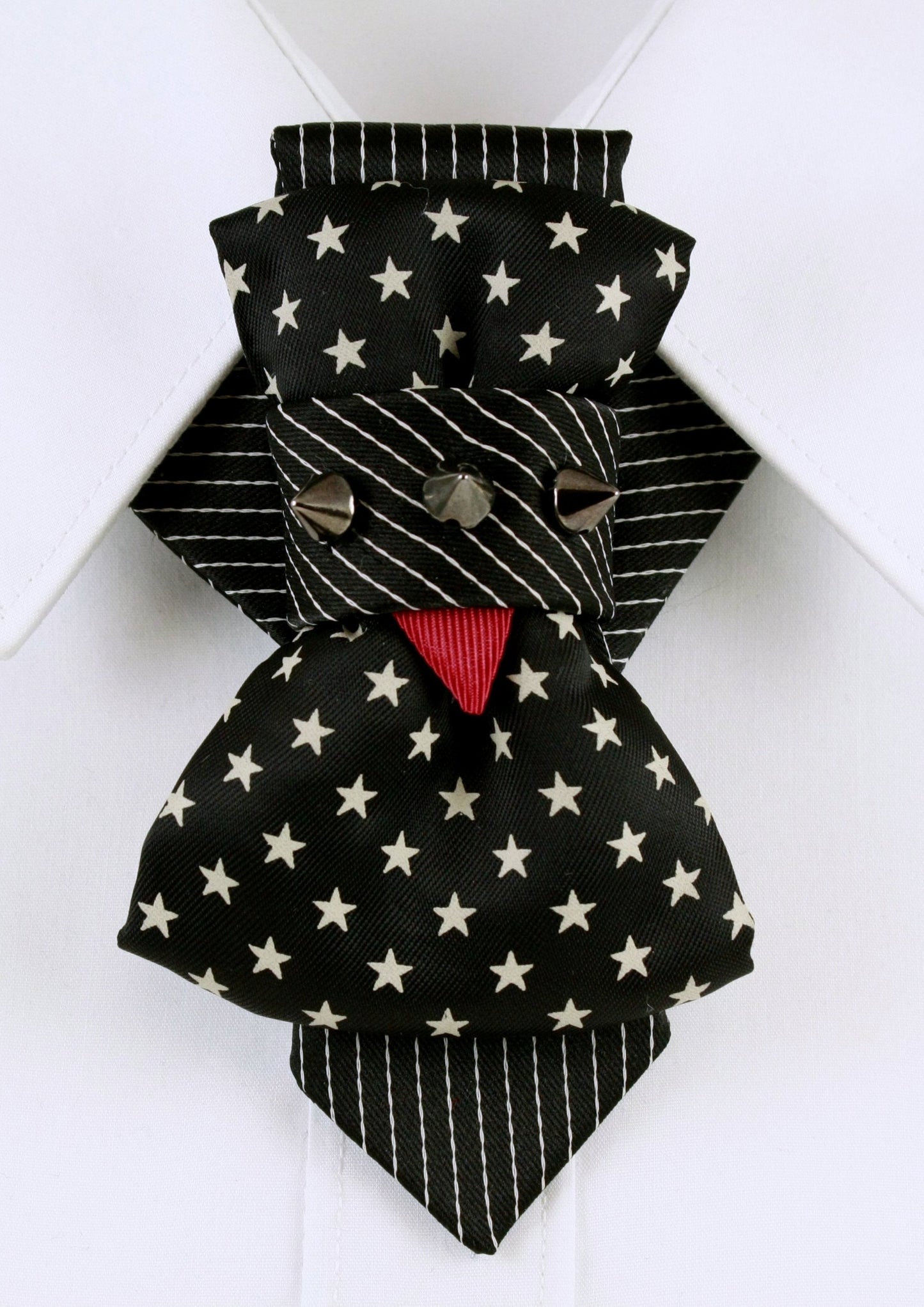 black star bow tie, handmade necktie, vertical bow tie, striped tie, unique party accessory, musician tie, performer neckwear, gothic tie, punk bow tie, artistic tie, black and white tie, red accent tie, luxury handmade tie, ruty design tie