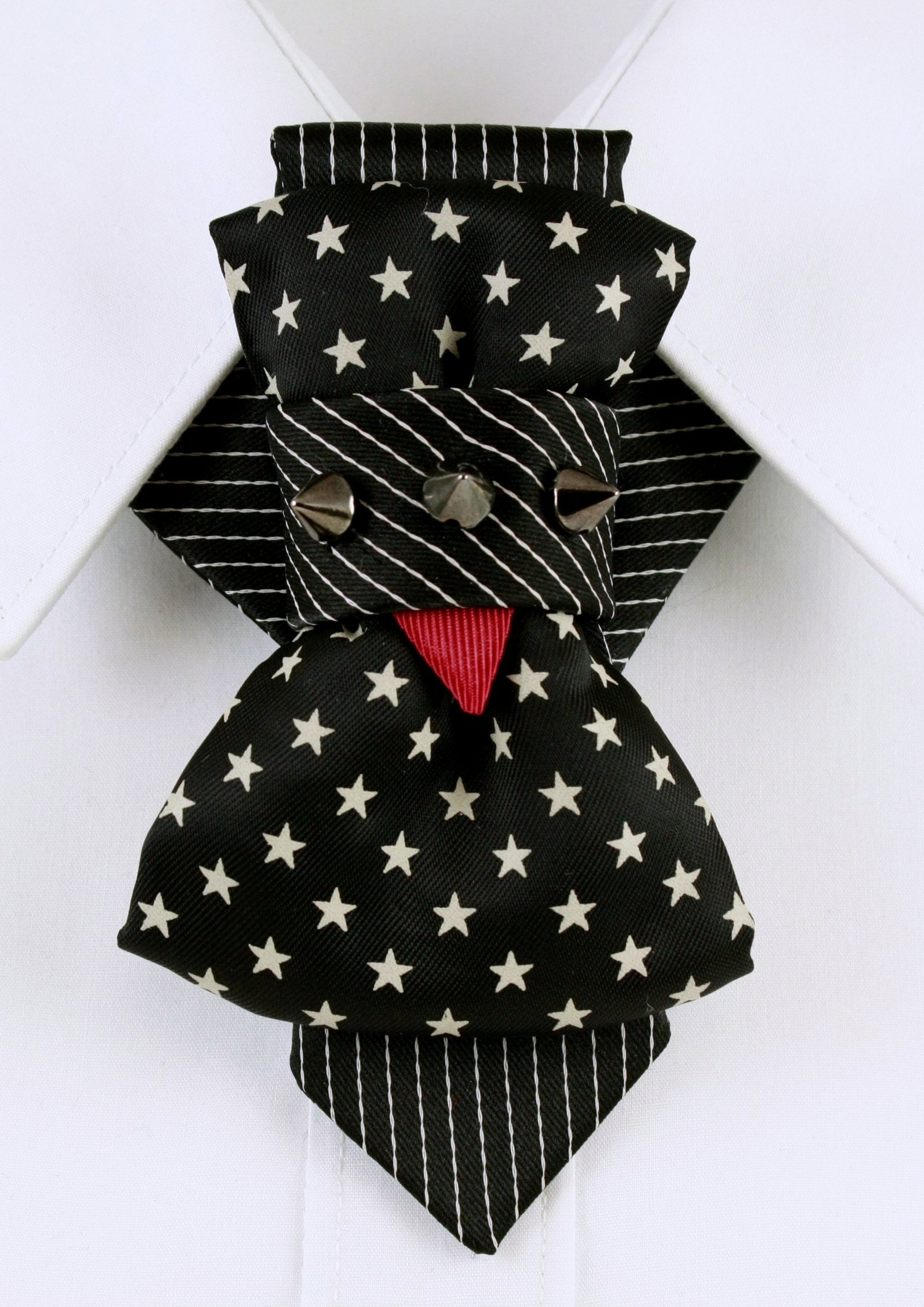 black star bow tie, handmade necktie, vertical bow tie, striped tie, unique party accessory, musician tie, performer neckwear, gothic tie, punk bow tie, artistic tie, black and white tie, red accent tie, luxury handmade tie, ruty design tie