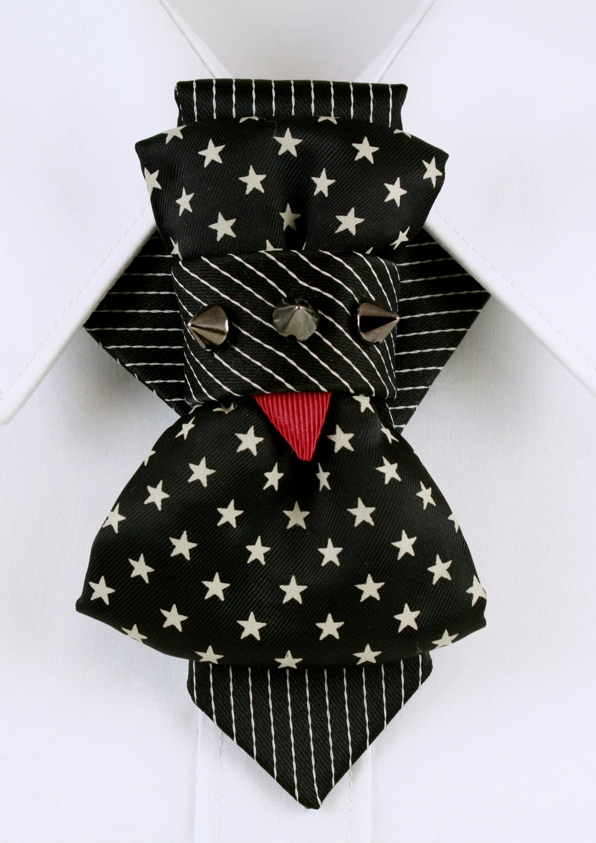 black star bow tie, handmade necktie, vertical bow tie, striped tie, unique party accessory, musician tie, performer neckwear, gothic tie, punk bow tie, artistic tie, black and white tie, red accent tie, luxury handmade tie, ruty design tie
