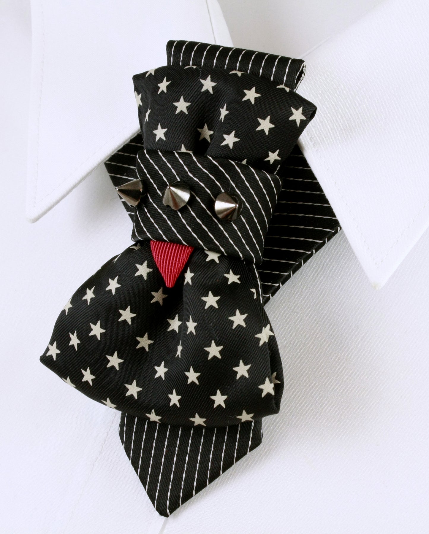 black star bow tie, handmade necktie, vertical bow tie, striped tie, unique party accessory, musician tie, performer neckwear, gothic tie, punk bow tie, artistic tie, black and white tie, red accent tie, luxury handmade tie, ruty design tie