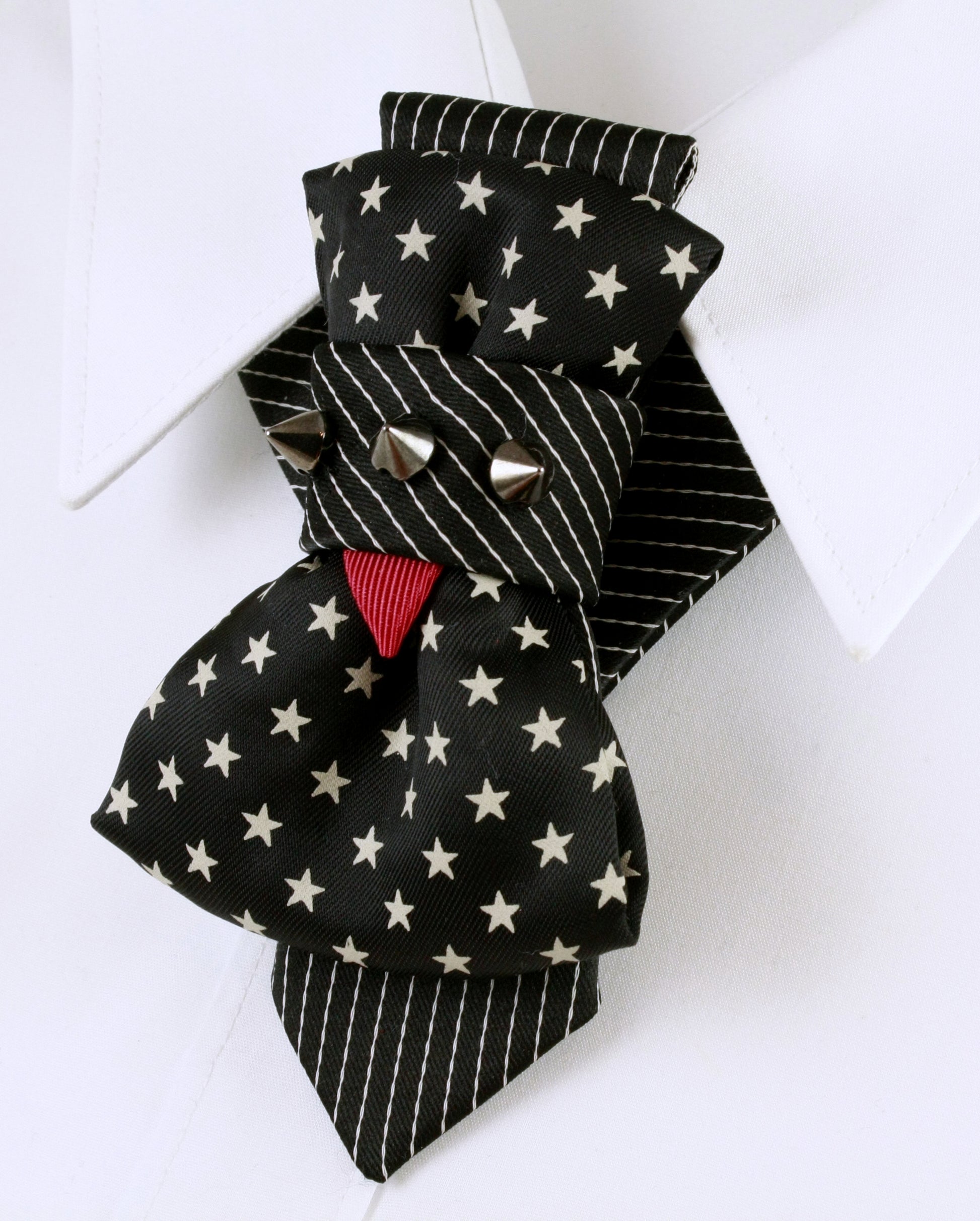 black star bow tie, handmade necktie, vertical bow tie, striped tie, unique party accessory, musician tie, performer neckwear, gothic tie, punk bow tie, artistic tie, black and white tie, red accent tie, luxury handmade tie, ruty design tie