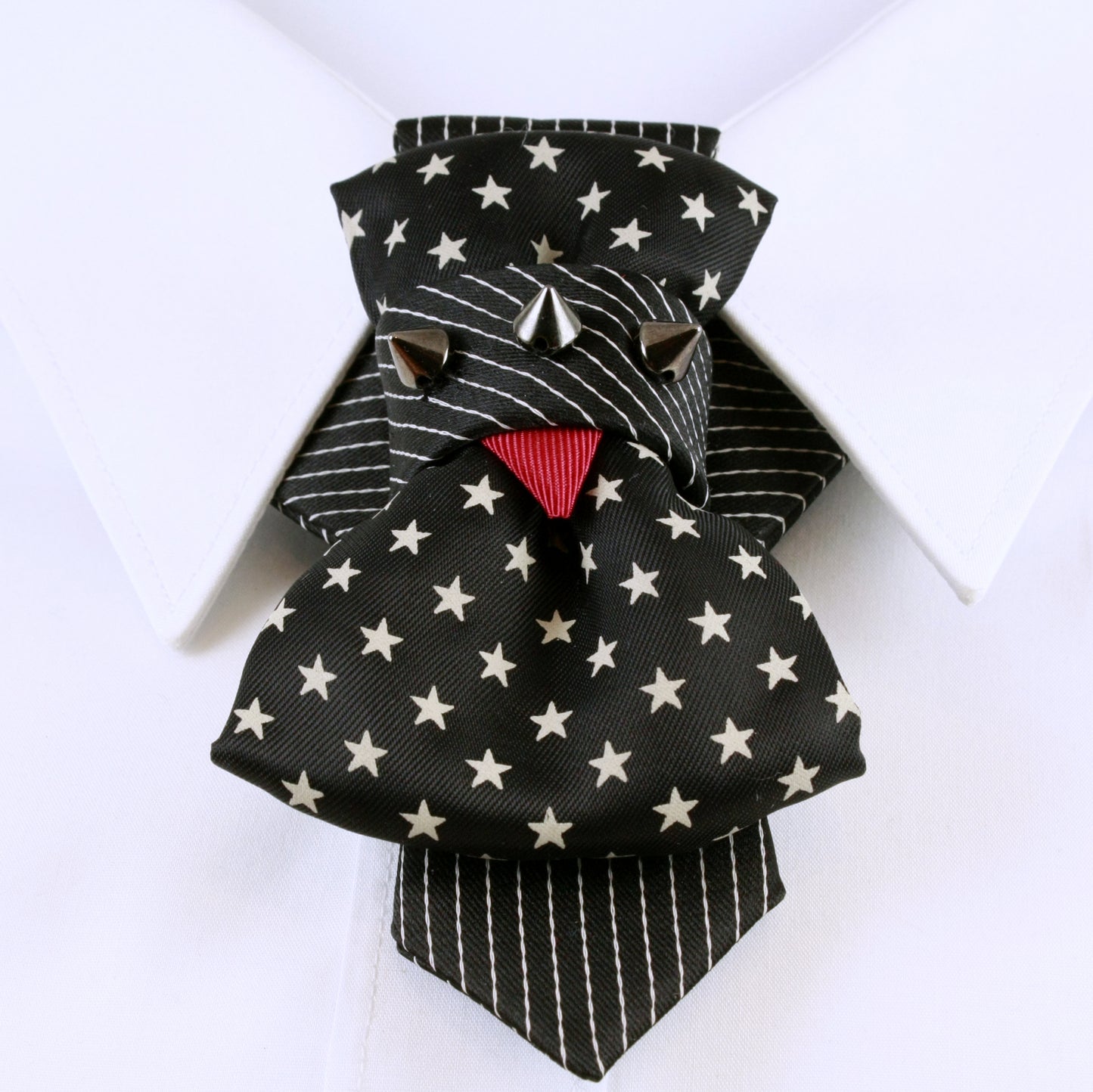 black star bow tie, handmade necktie, vertical bow tie, striped tie, unique party accessory, musician tie, performer neckwear, gothic tie, punk bow tie, artistic tie, black and white tie, red accent tie, luxury handmade tie, ruty design tie