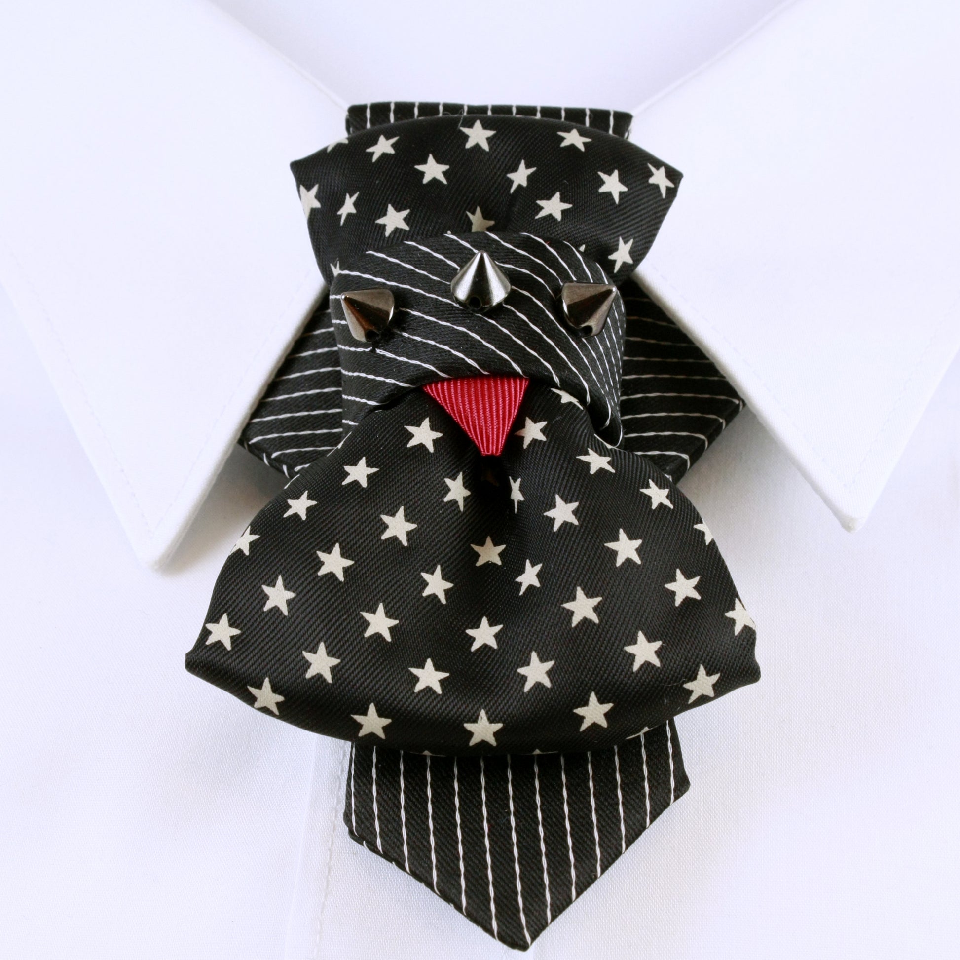 black star bow tie, handmade necktie, vertical bow tie, striped tie, unique party accessory, musician tie, performer neckwear, gothic tie, punk bow tie, artistic tie, black and white tie, red accent tie, luxury handmade tie, ruty design tie