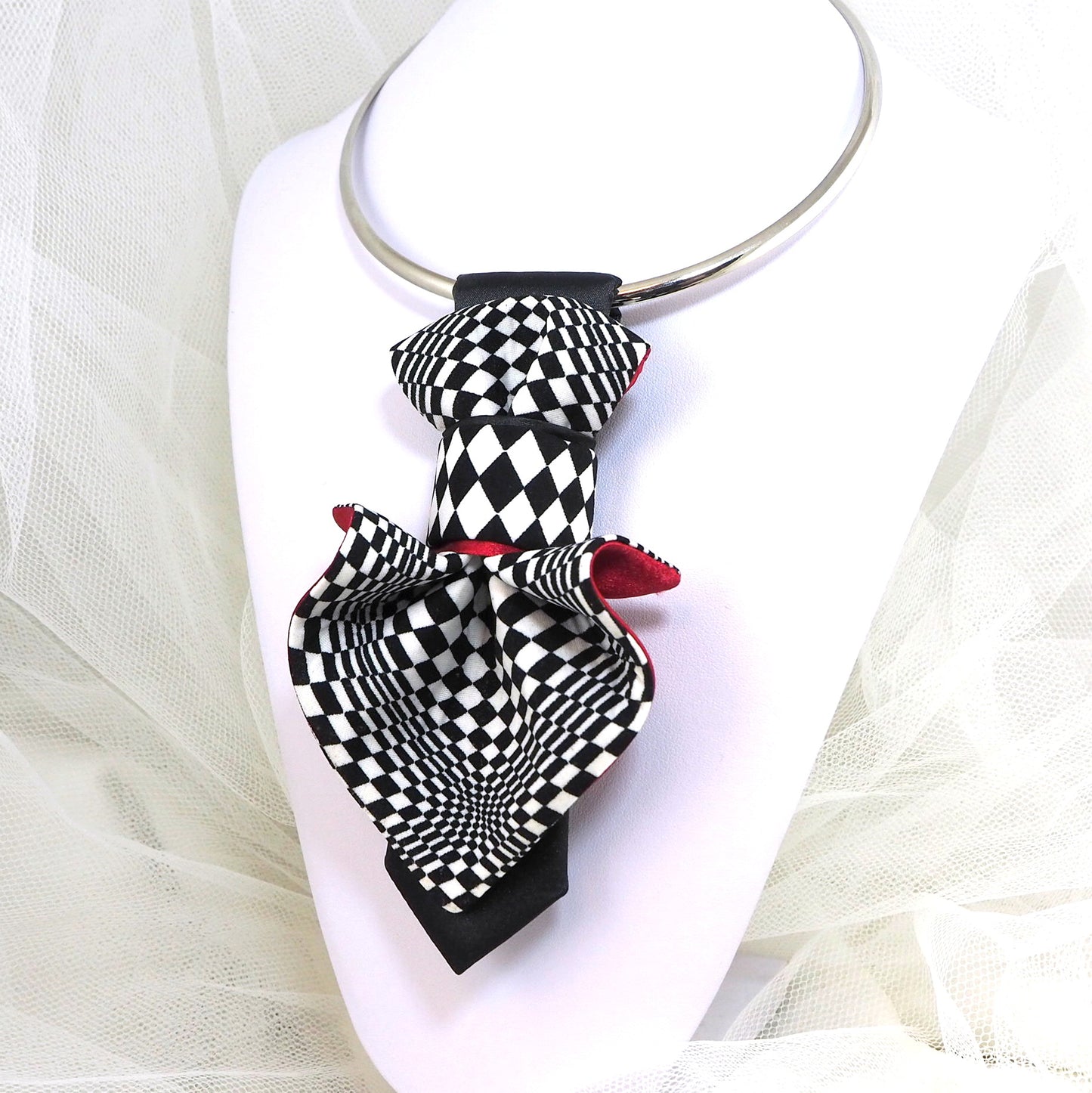 checkered blak white and red jabot for ladies
