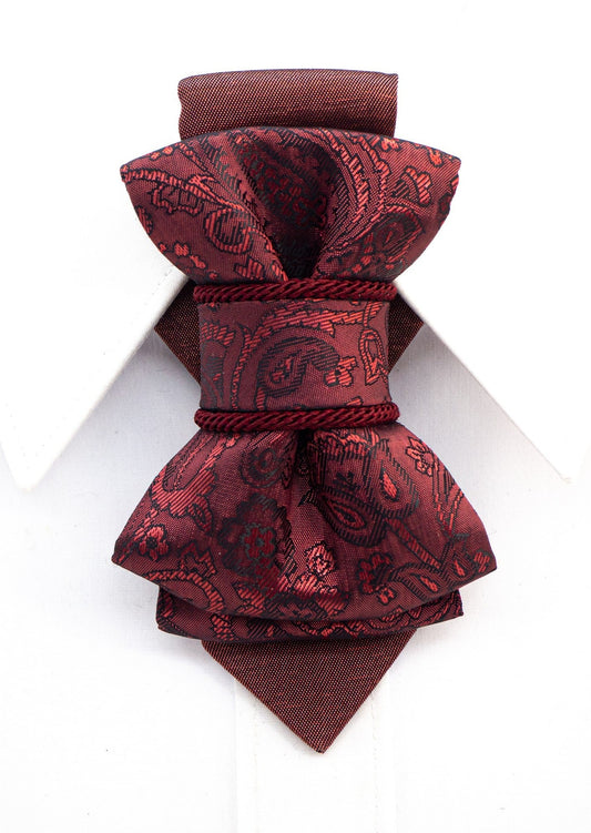 red bow tie, vertical bow tie, luxury womens tie, handmade tie, statement neckwear, unique bow tie, elegant tie for women, double-sided tie, brooch tie, pendant tie, rose wine tie, wedding accessory, business fashion, fashion necktie, Rūta Piekurienė design, artistic tie, unisex tie, special occasion tie, decorative tie, floral pattern tie, modern bow tie, Lithuanian handmade, pre-tied bow tie, gift for her