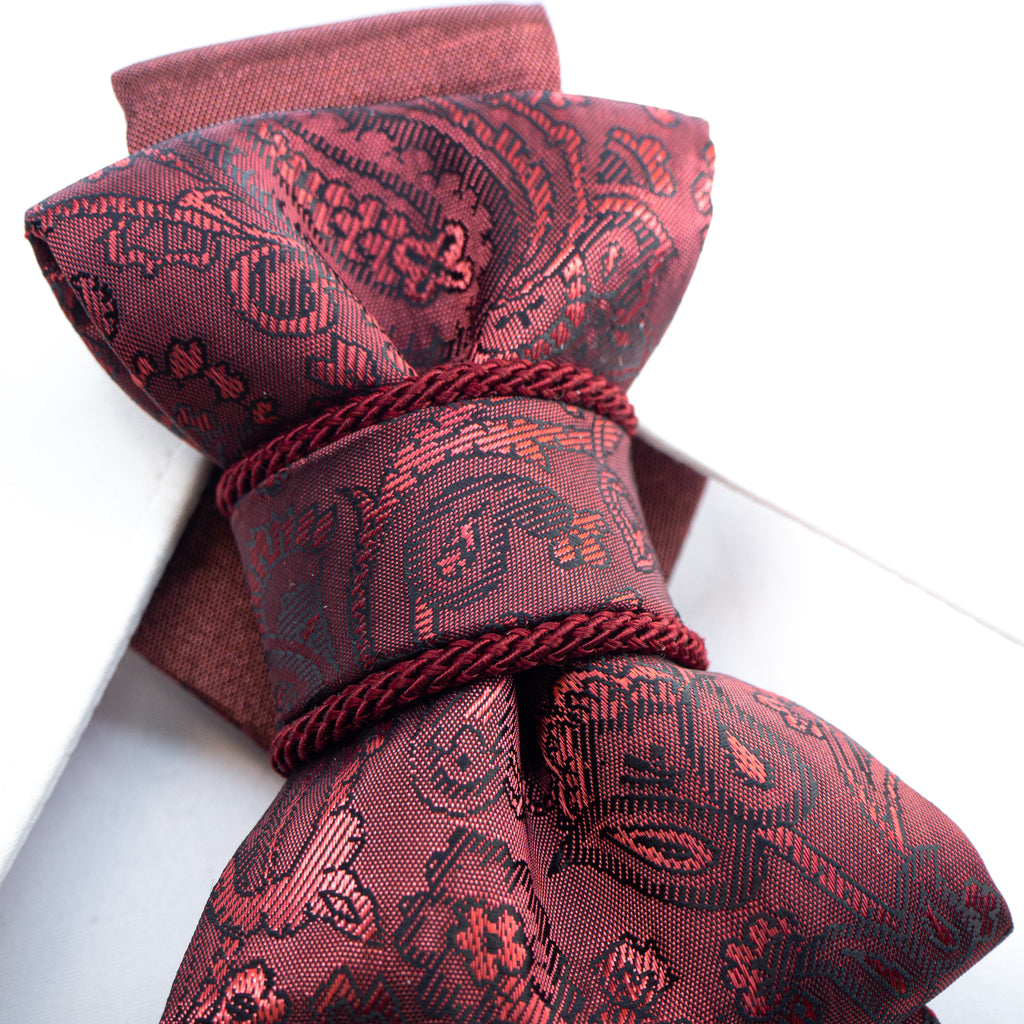 red bow tie, vertical bow tie, luxury womens tie, handmade tie, statement neckwear, unique bow tie, elegant tie for women, double-sided tie, brooch tie, pendant tie, rose wine tie, wedding accessory, business fashion, fashion necktie, Rūta Piekurienė design, artistic tie, unisex tie, special occasion tie, decorative tie, floral pattern tie, modern bow tie, Lithuanian handmade, pre-tied bow tie, gift for her