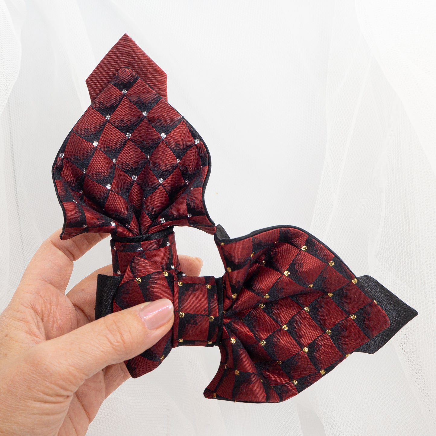 bordo Jabot necktie for women Burgundy diamond necktie, modern jabot, red jabot necktie for women, unique bow tie for ladies, femme evening neckwear accessory, stylish neckwear for women, luxury handmade women’s tie, artistic women’s neck accessory, elegant statement necktie, designer jabot for special occasions, feminine formal neckwear, original artisan necktie, handmade fashion jabot bow, baroque-style women’s jabot, fashionable women's cravat 